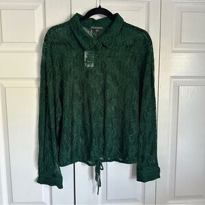 Adrianna Papell Shirt Womens L Green Lace Drawstring Button Up AD1S302325 NWT